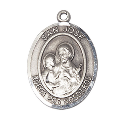 Spanish Script Women's Pewter Saint St. Jose Medal Pendant on 18 Inch Rhodium Plated Lite Curb Brass Chain, Catholic Religious Necklace with Lobster Claw Clasp - Made in USA, Deluxe Velvet Gift Box