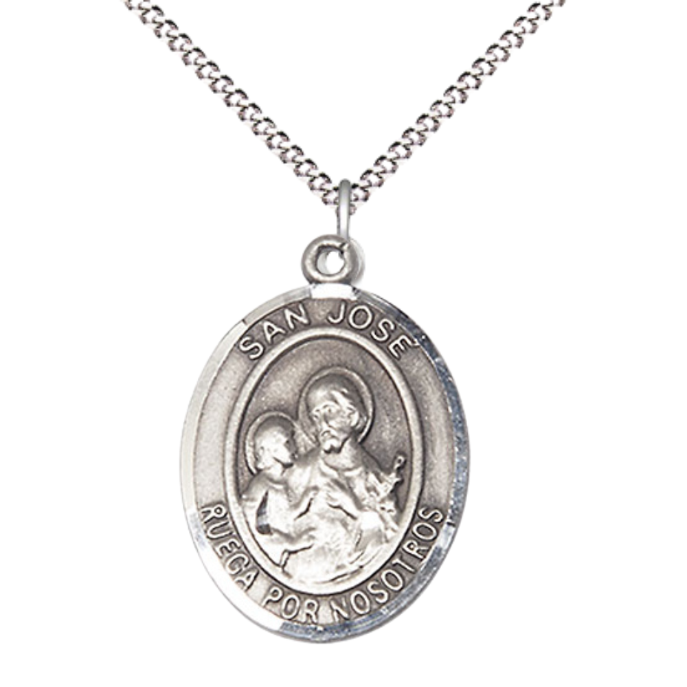 Spanish Script Women's Pewter Saint St. Jose Medal Pendant on 18 Inch Rhodium Plated Lite Curb Brass Chain, Catholic Religious Necklace with Lobster Claw Clasp - Made in USA, Deluxe Velvet Gift Box