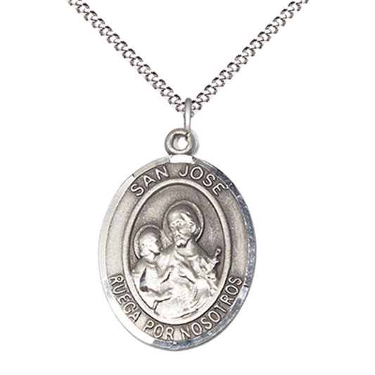 Spanish Script Women's Pewter Saint St. Jose Medal Pendant on 18 Inch Rhodium Plated Lite Curb Brass Chain, Catholic Religious Necklace with Lobster Claw Clasp - Made in USA, Deluxe Velvet Gift Box