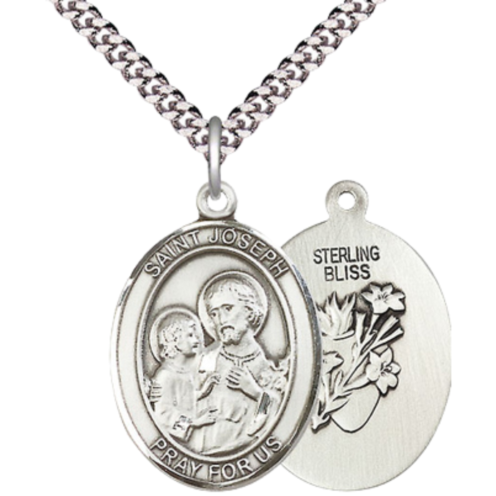 Sterling Silver Saint Joseph Medal – Oval Patron Saint Series with 24” Light Rhodium Heavy Curb Chai