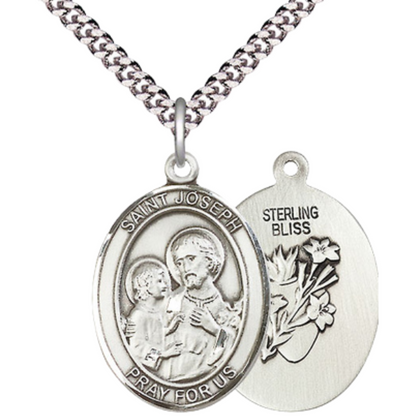 Saint Joseph Oval Patron Saint Medal Pendant – Men's Sterling Silver 24-Inch Light Rhodium Plated Heavy Curb Chain – Patron Saint of Carpenters/Dying/Fathers