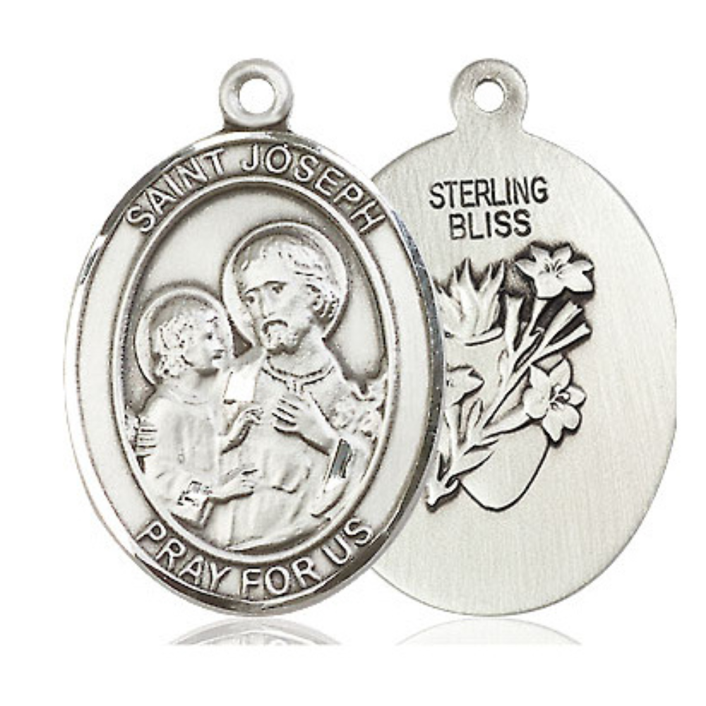 Sterling Silver Saint Joseph Medal – Oval Patron Saint Series with 24” Light Rhodium Heavy Curb Chai