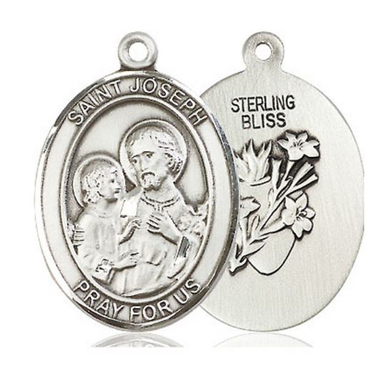 Mens Oval .925 Sterling Silver Saint St. Joseph Medal Pendant on 24 Inch Rhodium Plated Heavy Curb Brass Chain with Lobster Claw clasp, Catholic Religious Necklace - Made in USA- Velvet Gift Box