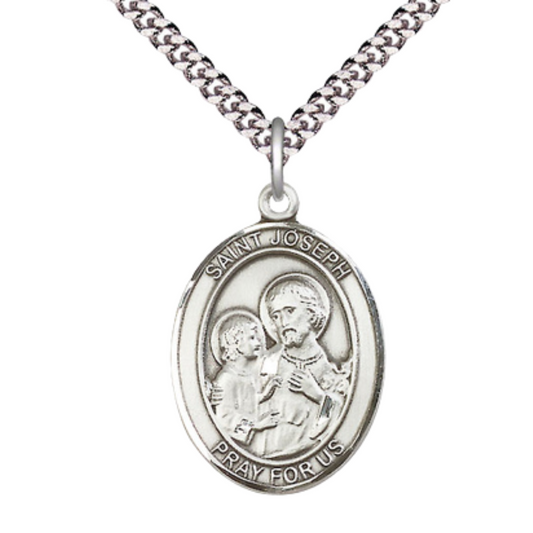 Sterling Silver St. Joseph Medal – Oval Patron Series with 24” Light Rhodium Heavy Curb Chain