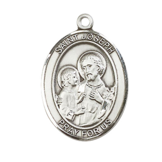 Mens Oval .925 Sterling Silver Saint St. Joseph Medal Pendant on 24 Inch Rhodium Plated Heavy Curb Brass Chain w/ Lobster Claw clasp, Catholic Religious Necklace - Made in USA- Deluxe Velvet Gift Box