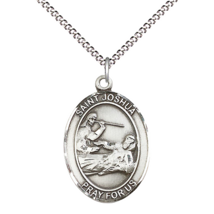 Women's Pewter Saint St. Joshua Medal Pendant on 18 Inch Rhodium Plated Lite Curb Brass Chain with Lobster Claw Clasp, Catholic Religious Necklace - Made in USA- Deluxe Velvet Gift Box