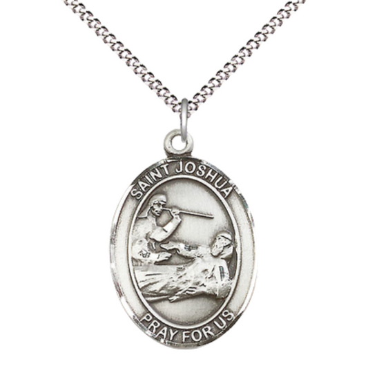 Women's Pewter Saint St. Joshua Medal Pendant on 18 Inch Rhodium Plated Lite Curb Brass Chain with Lobster Claw Clasp, Catholic Religious Necklace - Made in USA- Deluxe Velvet Gift Box