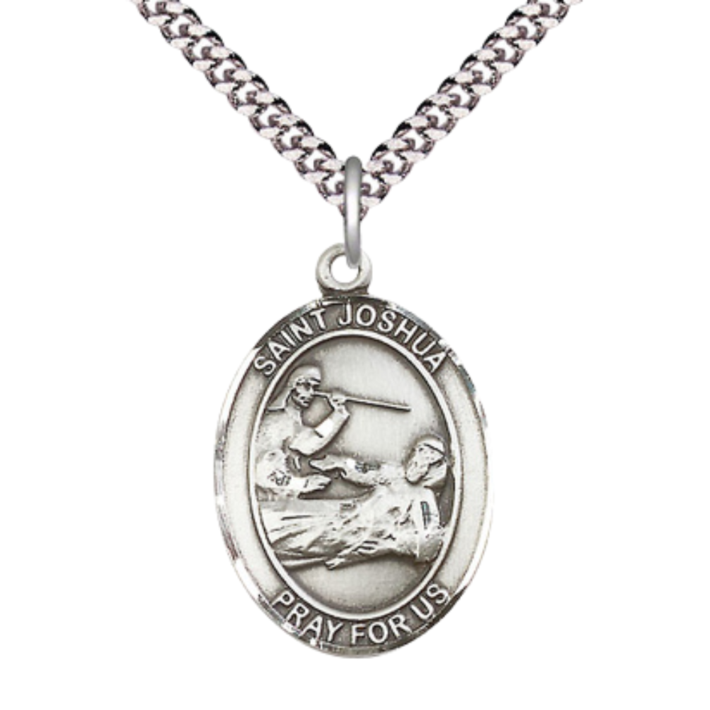 Saint St. Joshua Men's Medal Necklace – 24 Inch Endless Light Rhodium Plated Heavy Curb Chain – Patron Saint St. of Those Named Joshua – Exquisite Catholic Religious Jewelry in Velvet Gift Box
