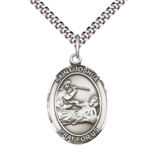 Saint St. Joshua Men's Medal Necklace – 24 Inch Endless Light Rhodium Plated Heavy Curb Chain – Patron Saint St. of Those Named Joshua – Exquisite Catholic Religious Jewelry in Velvet Gift Box