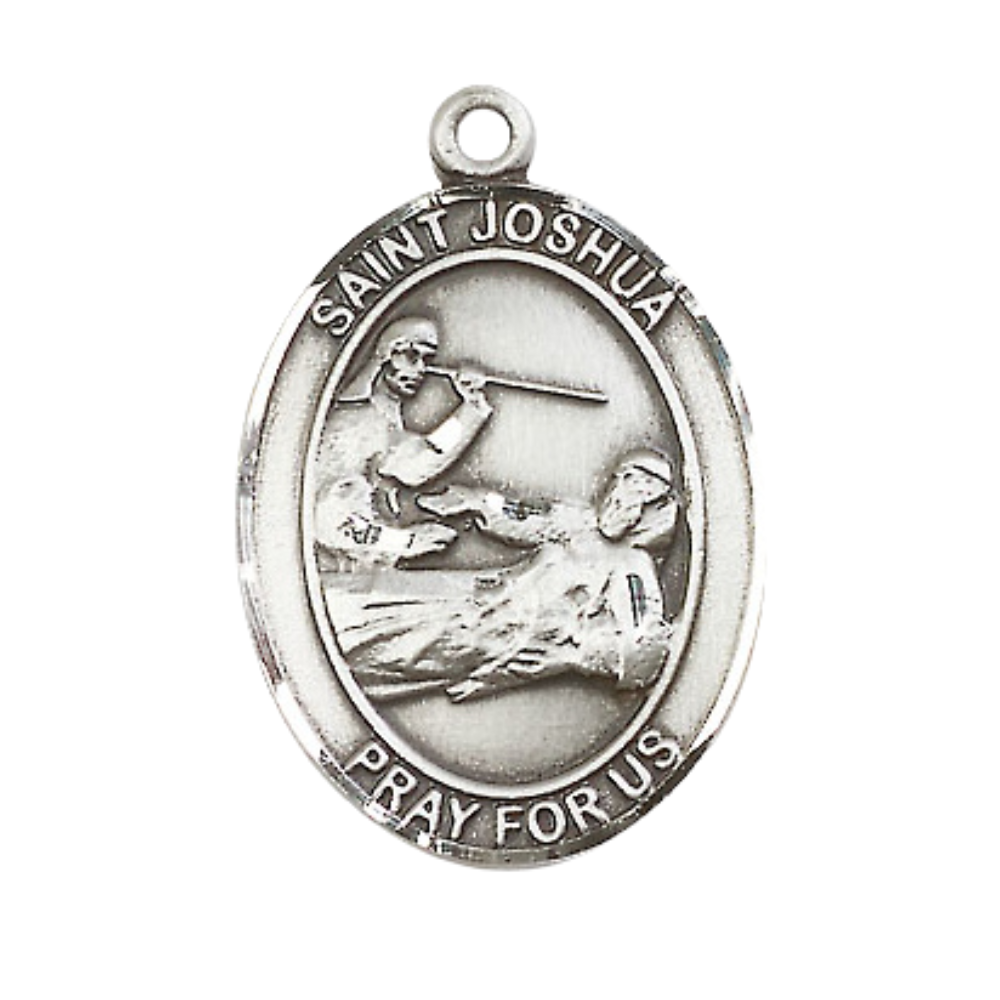 Mens Oval .925 Sterling Silver Saint Joshua Medal Pendant on 24" Rhodium Plated Heavy Curb Brass Chain with Lobster Claw clasp, Catholic Religious Necklace -Made in USA- Velvet Gift Box