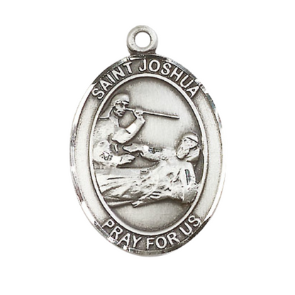 Mens Oval .925 Sterling Silver Saint Joshua Medal Pendant on 24" Rhodium Plated Heavy Curb Brass Chain with Lobster Claw clasp, Catholic Religious Necklace -Made in USA- Velvet Gift Box