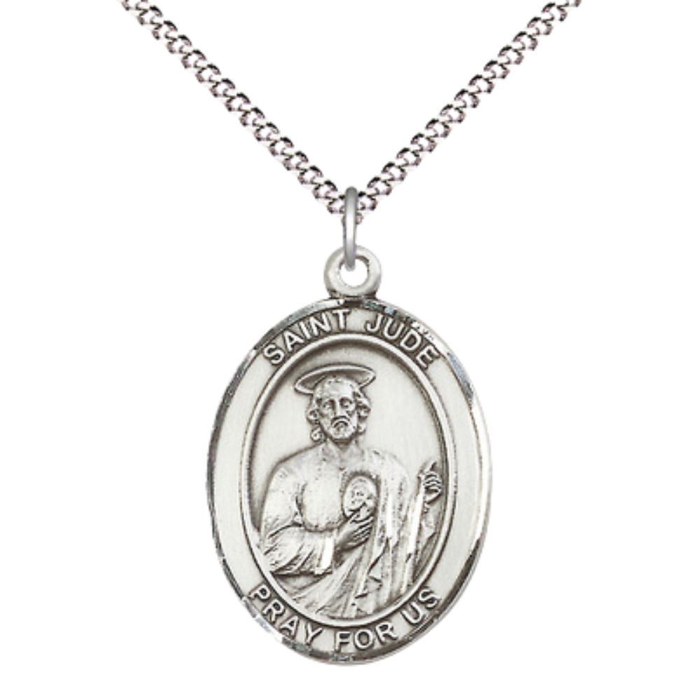 Women's .925 Sterling Silver Saint St. Jude Medal Pendant on 18 Inch Rhodium Plated Lite Curb Brass Chain with Lobster Claw Clasp, Catholic Religious Necklace - Made in USA- Deluxe Velvet Gift Box