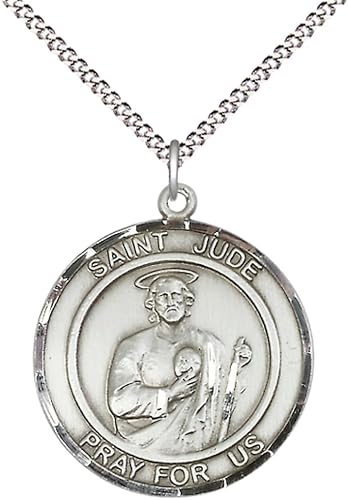 Women's Pewter Saint St. Jude Medal Pendant on 18 Inch Rhodium Plated Lite Curb Brass Chain with Lobster Claw Clasp, Catholic Religious Necklace - Made in USA- Deluxe Velvet Gift Box