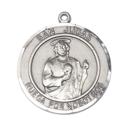 Mens Round .925 Sterling Silver Saint St. Judas Medal Pendant on 24 Inch Rhodium Plated Heavy Curb Brass Chain with Lobster Claw clasp, Catholic Religious Necklace - Made in USA- Deluxe Velvet Gift Box