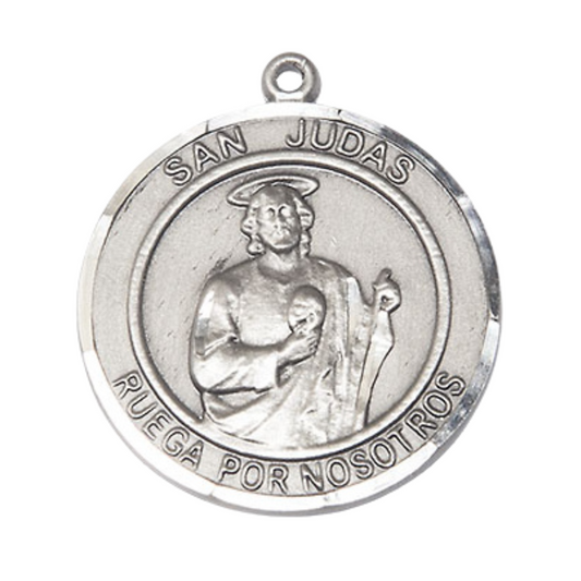 Mens Round .925 Sterling Silver Saint St. Judas Medal Pendant on 24 Inch Rhodium Plated Heavy Curb Brass Chain with Lobster Claw clasp, Catholic Religious Necklace - Made in USA- Deluxe Velvet Gift Box