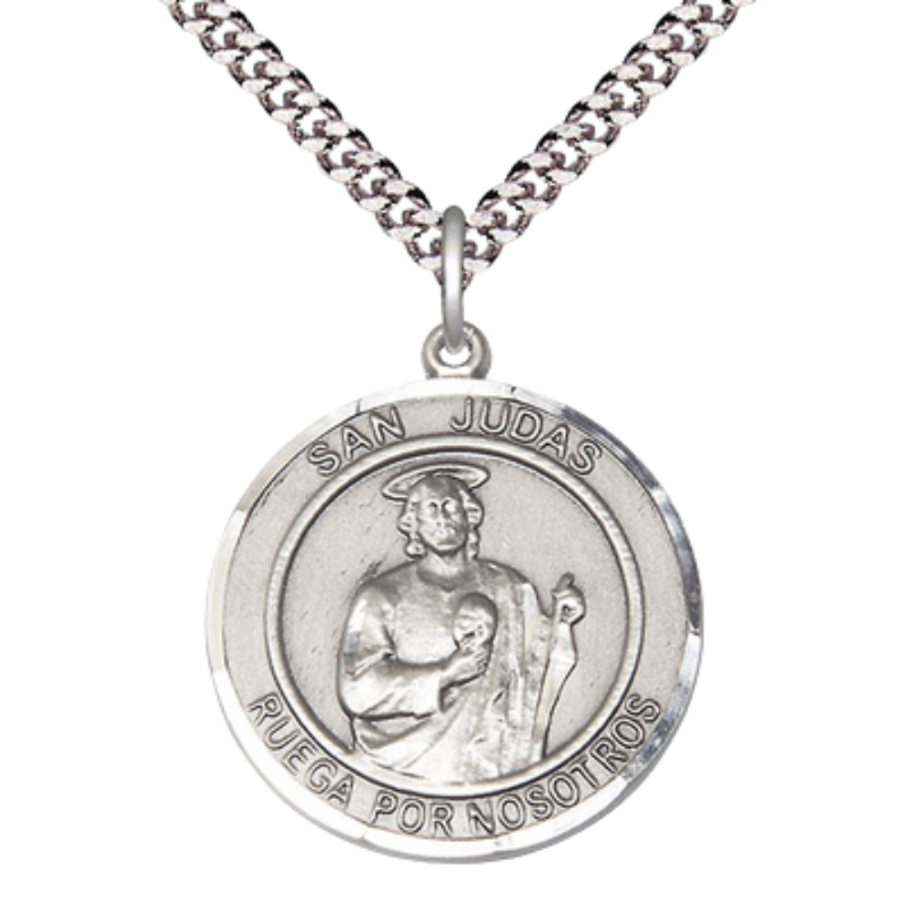 Mens 1 x 7/8" Round Pewter San Judas Medal Pendant on 24 inch Rhodium Plated Heavy Curb Brass Chain with Lobster Claw clasp, Catholic Religious Necklace -Made in USA- Deluxe Velvet Gift Box