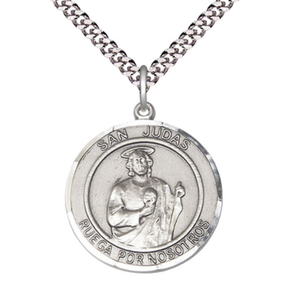 Mens 1 x 7/8" Round Pewter San Judas Medal Pendant on 24 inch Rhodium Plated Heavy Curb Brass Chain with Lobster Claw clasp, Catholic Religious Necklace -Made in USA- Deluxe Velvet Gift Box