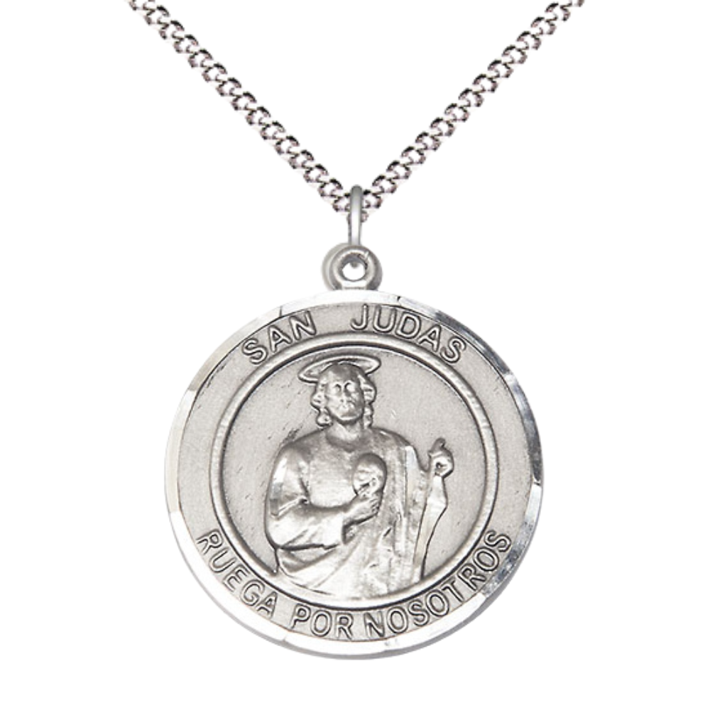 Spanish Script Women's .925 Sterling Silver Saint St. Judas Medal Pendant on 18 Inch Rhodium Plated Lite Curb Brass Chain, Catholic Religious Necklace with Lobster Claw Clasp - Made in USA, Deluxe Velvet Gift Box