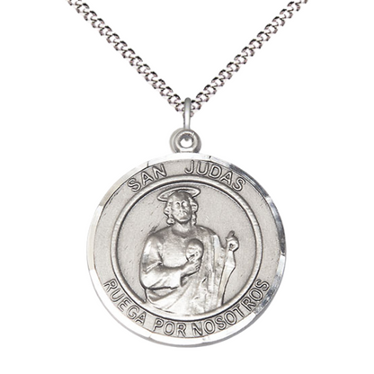 Spanish Script Women's .925 Sterling Silver Saint St. Judas Medal Pendant on 18 Inch Rhodium Plated Lite Curb Brass Chain, Catholic Religious Necklace with Lobster Claw Clasp - Made in USA, Deluxe Velvet Gift Box