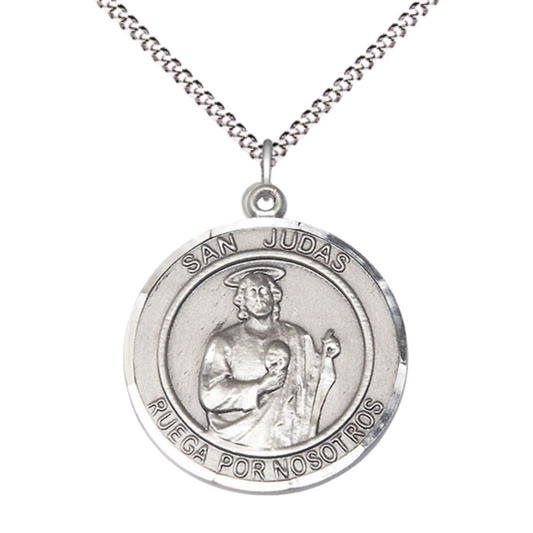 Spanish Script Women's Pewter Saint St. Judas Medal Pendant on 18 Inch Rhodium Plated Lite Curb Brass Chain, Catholic Religious Necklace with Lobster Claw Clasp - Made in USA, Deluxe Velvet Gift Box