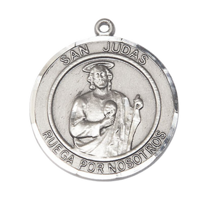 Spanish Script Women's Pewter Saint St. Judas Medal Pendant on 18 Inch Rhodium Plated Lite Curb Brass Chain, Catholic Religious Necklace with Lobster Claw Clasp - Made in USA, Deluxe Velvet Gift Box