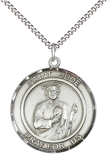 Women's .925 Sterling Silver Saint St. Jude Medal Pendant on 18 Inch Rhodium Plated Lite Curb Brass Chain with Lobster Claw Clasp, Catholic Religious Necklace - Made in USA- Deluxe Velvet Gift Box