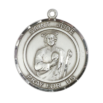 Mens 1 x 7/8" Round Pewter Saint St. Jude Medal Pendant on 24 inch Rhodium Plated Heavy Curb Brass Chain with Lobster Claw clasp, Catholic Religious Necklace - Made in USA- Deluxe Velvet Gift Box