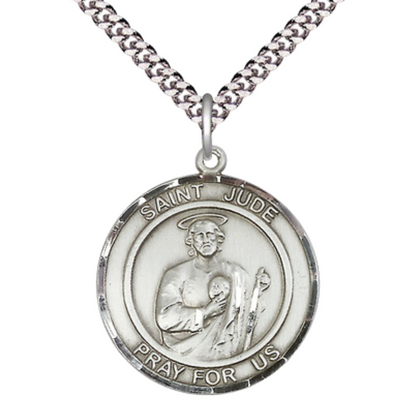 Mens 1 x 7/8" Round Pewter Saint St. Jude Medal Pendant on 24 inch Rhodium Plated Heavy Curb Brass Chain with Lobster Claw clasp, Catholic Religious Necklace - Made in USA- Deluxe Velvet Gift Box