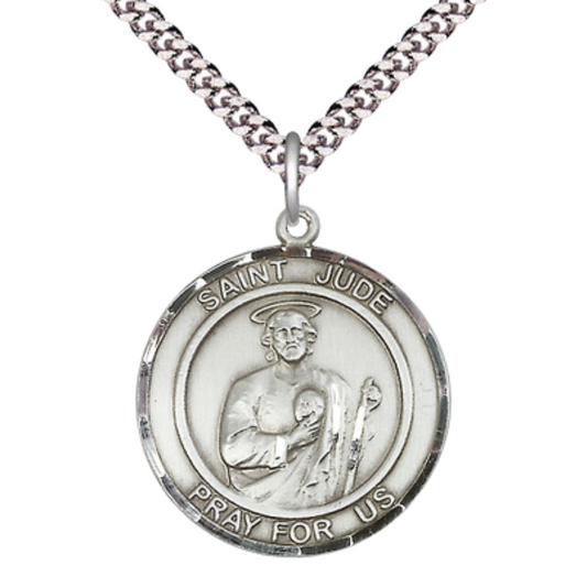 Mens 1 x 7/8" Round Pewter Saint St. Jude Medal Pendant on 24 inch Rhodium Plated Heavy Curb Brass Chain with Lobster Claw clasp, Catholic Religious Necklace - Made in USA- Deluxe Velvet Gift Box