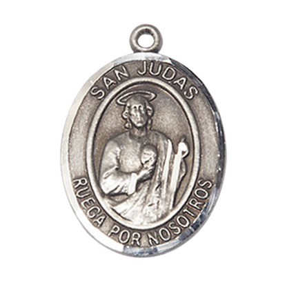 Mens 1 x 3/4" Oval Pewter Saint St. Judas Medal Pendant on 24 inch Rhodium Plated Heavy Curb Brass Chain with Lobster Claw clasp, Catholic Religious Necklace - Made in USA - Deluxe Velvet Gift Box