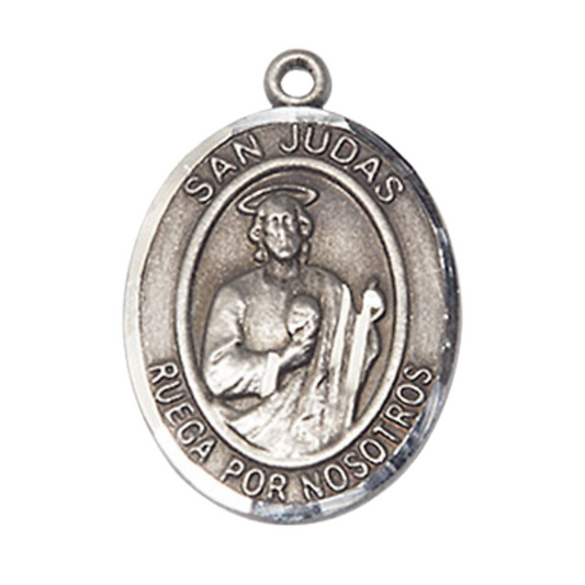 Mens Oval .925 Sterling Silver Saint St. Judas Medal Pendant on 24 Inch Rhodium Plated Heavy Curb Brass Chain with Lobster Claw clasp, Catholic Religious Necklace - Made in USA- Deluxe Velvet Gift Box
