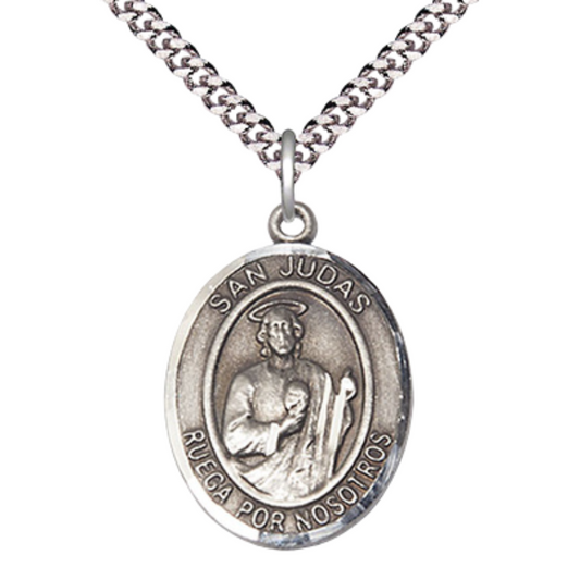 Mens 1 x 3/4" Oval Pewter Saint St. Judas Medal Pendant on 24 inch Rhodium Plated Heavy Curb Brass Chain with Lobster Claw clasp, Catholic Religious Necklace - Made in USA - Deluxe Velvet Gift Box