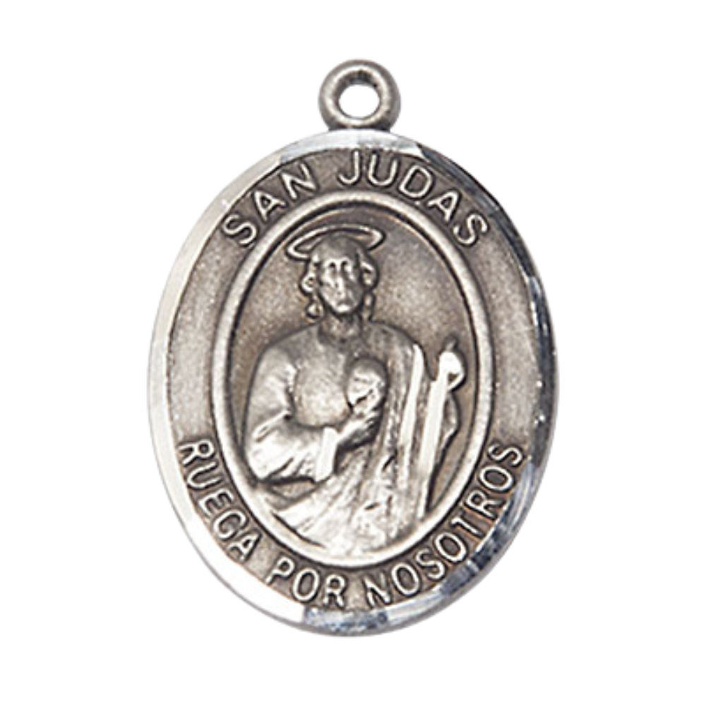 Spanish Script Women's Pewter Saint St. Judas Medal Pendant on 18 Inch Rhodium Plated Lite Curb Brass Chain, Catholic Religious Necklace with Lobster Claw Clasp - Made in USA, Comes in Deluxe Velvet Gift Box