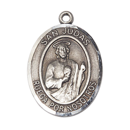 Spanish Script Women's Pewter Saint St. Judas Medal Pendant on 18 Inch Rhodium Plated Lite Curb Brass Chain, Catholic Religious Necklace with Lobster Claw Clasp - Made in USA, Comes in Deluxe Velvet Gift Box