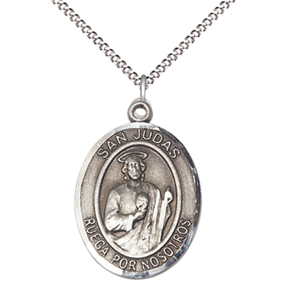 Spanish Script Women's Pewter Saint St. Judas Medal Pendant on 18 Inch Rhodium Plated Lite Curb Brass Chain, Catholic Religious Necklace with Lobster Claw Clasp - Made in USA, Comes in Deluxe Velvet Gift Box