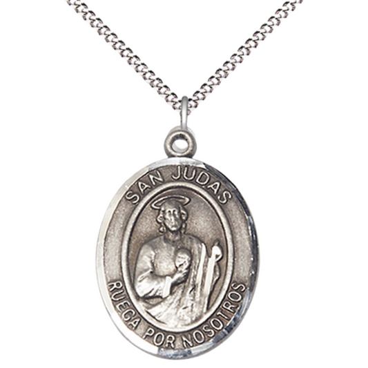 Spanish Script Women's Pewter Saint St. Judas Medal Pendant on 18 Inch Rhodium Plated Lite Curb Brass Chain, Catholic Religious Necklace with Lobster Claw Clasp - Made in USA, Comes in Deluxe Velvet Gift Box