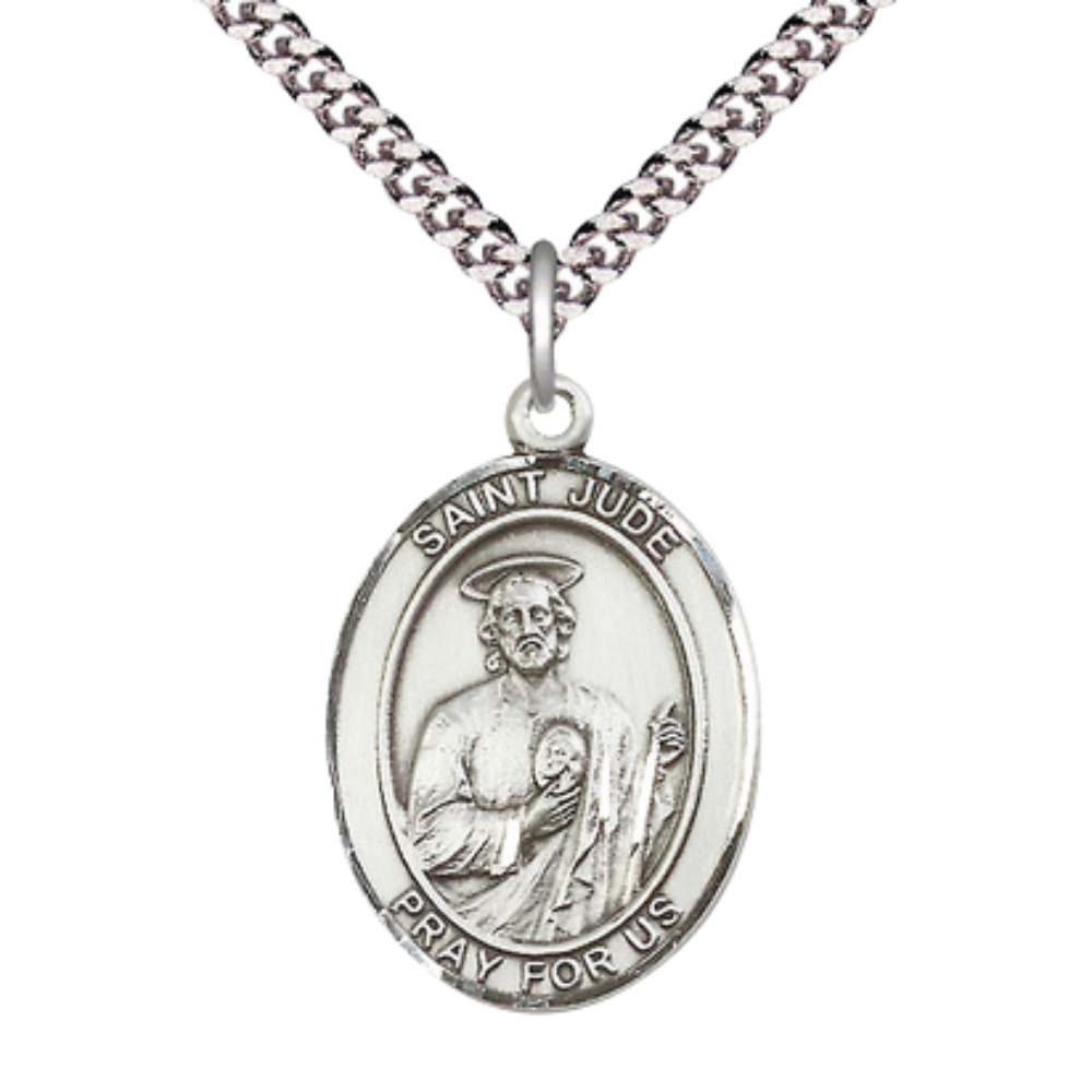 Sterling Silver Saint Jude Medal – Patron Saint of Desperate Situations with 24” Light Rhodium Heavy Curb Chain