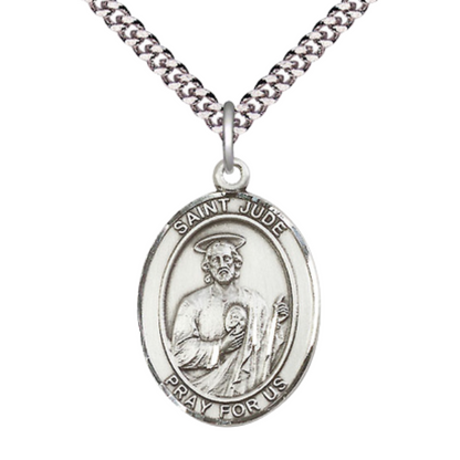 Everlasting Light Jewelry Saint St. Jude Medal Necklace – Men's Pewter Pendant with 24 - Inch Endless Rhodium Plated Chain – Patron Saint St. of Desperate Situations, Catholic Medal – Velvet Gift Box Included