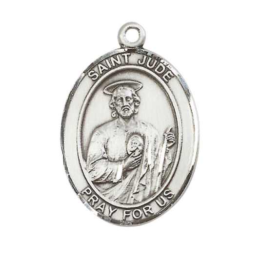 Mens Oval .925 Sterling Silver Saint St. Jude Medal Pendant on 24 Inch Rhodium Plated Heavy Curb Brass Chain with Lobster Claw clasp, Catholic Religious Necklace - Made in USA- Deluxe Velvet Gift Box