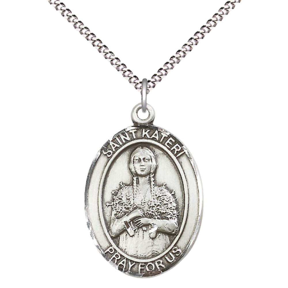 Women's Pewter Saint St. Kateri Tekakwitha Medal Pendant on 18 Inch Rhodium Plated Lite Curb Brass Chain with Lobster Claw Clasp, Catholic Religious Necklace - Made in USA- Deluxe Velvet Gift Box