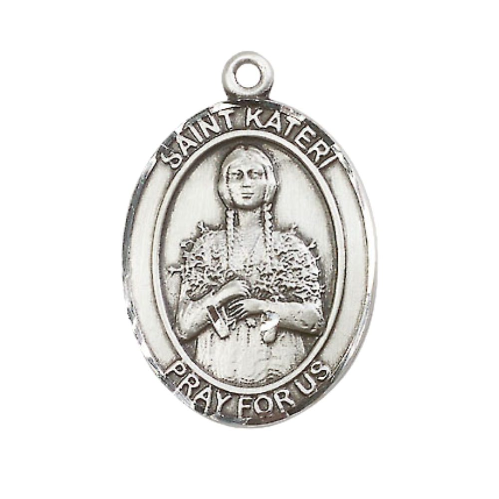 Women's Pewter Saint St. Kateri Tekakwitha Medal Pendant on 18 Inch Rhodium Plated Lite Curb Brass Chain with Lobster Claw Clasp, Catholic Religious Necklace - Made in USA- Deluxe Velvet Gift Box