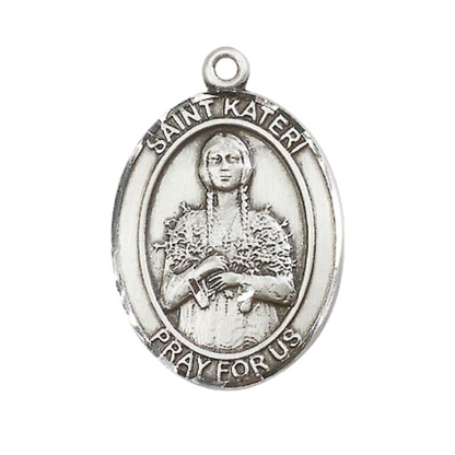 Women's Pewter Saint St. Kateri Tekakwitha Medal Pendant on 18 Inch Rhodium Plated Lite Curb Brass Chain with Lobster Claw Clasp, Catholic Religious Necklace - Made in USA- Deluxe Velvet Gift Box