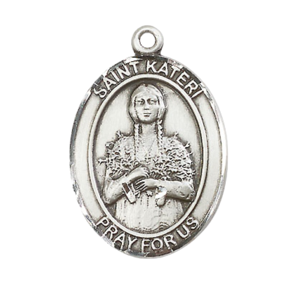Everlasting Light Jewelry Saint Kateri Men's Pewter Medal Necklace– Patron Saint of the Environment – 24” Endless Rhodium Plated Chain – Velvet Gift Box