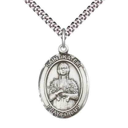 Saint St. Kateri Tekakwitha Men's .925 Sterling Silver Medal Necklace– Patron Saint St. of the Environment – 24 Inch Light Rhodium Plated Heavy Curb Chain, Catholic Medal – Velvet Gift Box