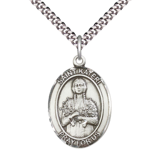 Mens Oval Pewter Saint St. Kateri Tekakwitha Medal Pendant on 24 Inch Rhodium Plated Heavy Curb Brass Chain w/ Lobster Claw clasp, Catholic Religious Necklace - Made in USA - Deluxe Velvet Gift Box