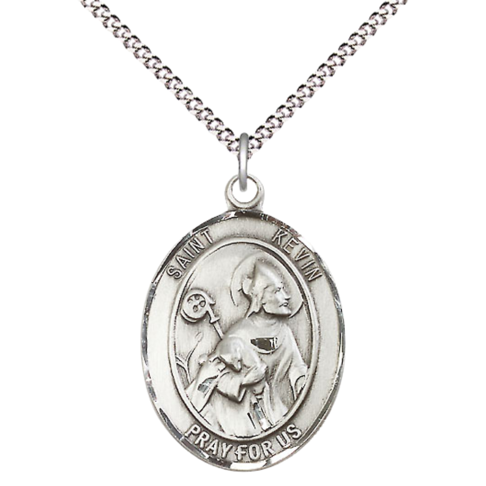 Women's Pewter Saint St. Kevin Medal Pendant on 18 Inch Rhodium Plated Lite Curb Brass Chain with Lobster Claw Clasp, Catholic Religious Necklace - Made in USA- Deluxe Velvet Gift Box