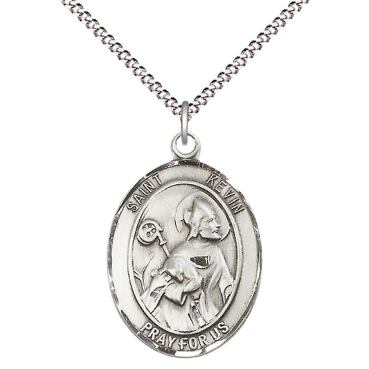 Women's .925 Sterling Silver Saint St. Kevin Medal Pendant on 18 Inch Rhodium Plated Lite Curb Brass Chain with Lobster Claw Clasp, Catholic Religious Necklace - Made in USA- Deluxe Velvet Gift Box