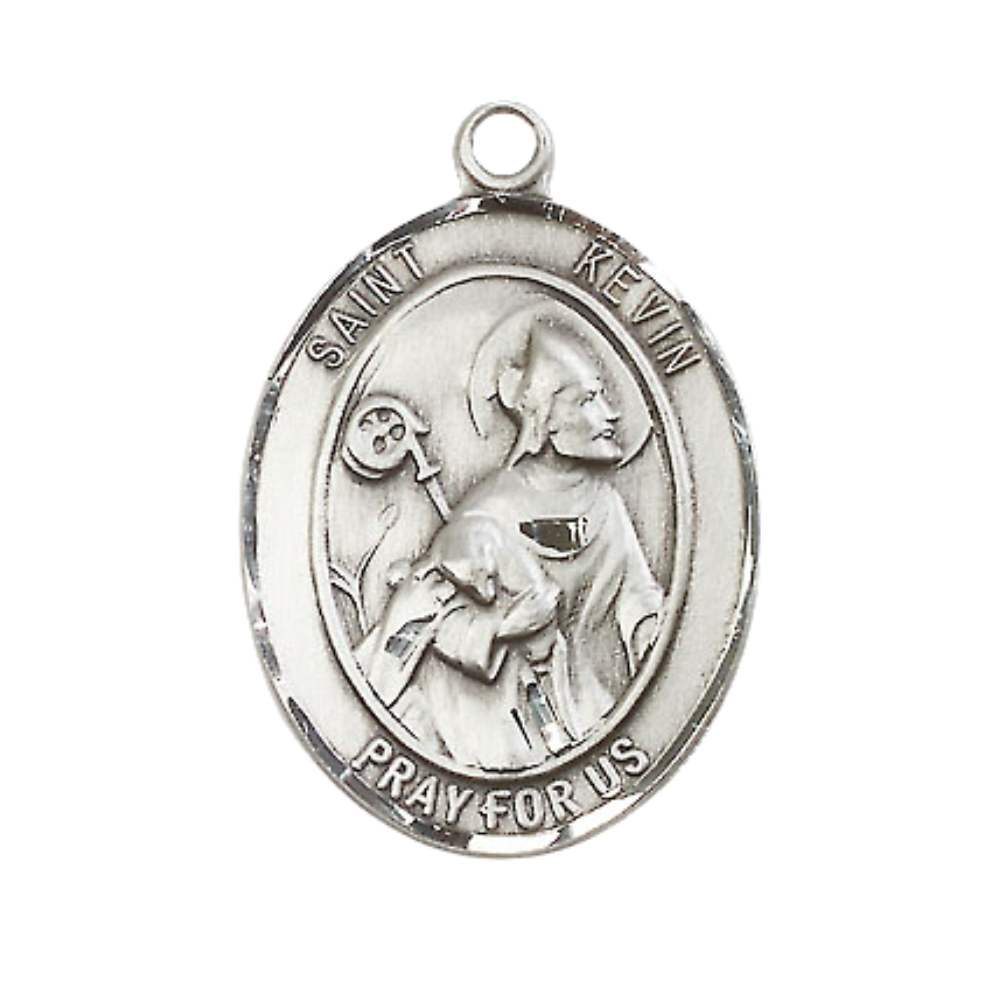 Women's Pewter Saint St. Kevin Medal Pendant on 18 Inch Rhodium Plated Lite Curb Brass Chain with Lobster Claw Clasp, Catholic Religious Necklace - Made in USA- Deluxe Velvet Gift Box