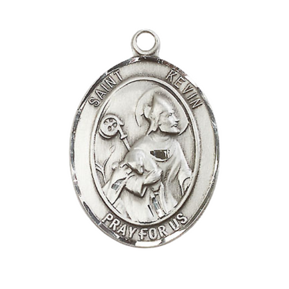 Women's Pewter Saint St. Kevin Medal Pendant on 18 Inch Rhodium Plated Lite Curb Brass Chain with Lobster Claw Clasp, Catholic Religious Necklace - Made in USA- Deluxe Velvet Gift Box