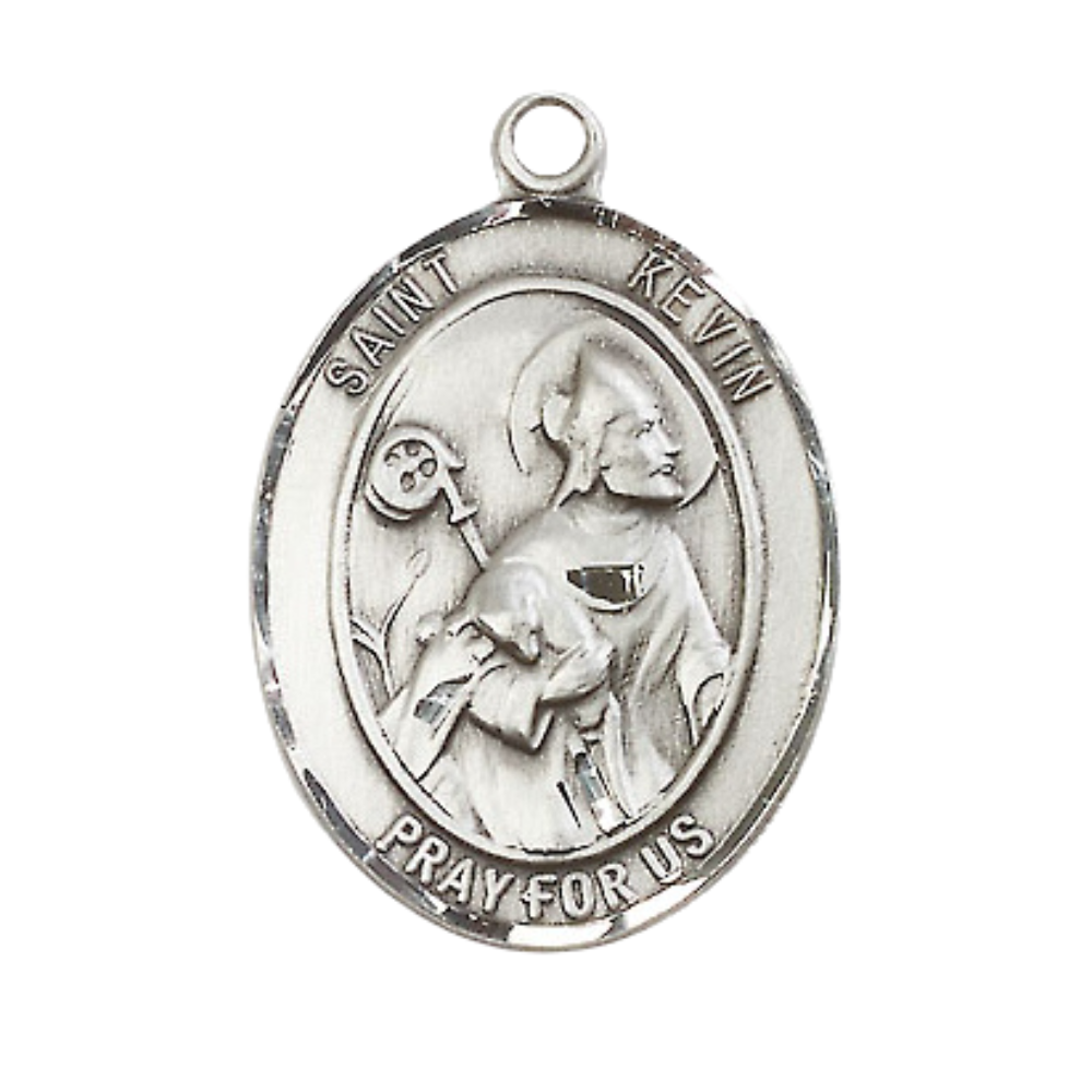 Mens 1 x 3/4" Oval Pewter Saint St. Kevin Medal Pendant on 24 inch Rhodium Plated Heavy Curb Brass Chain with Lobster Claw clasp, Catholic Religious Necklace - Made in USA - Deluxe Velvet Gift Box